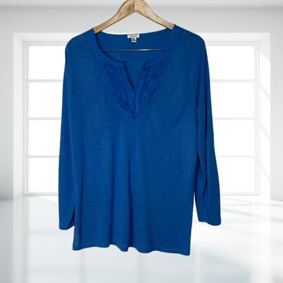 NINE WEST XXL Rayon V-Neck Tunic Top Blue Soft Subtle Fringe Detail Plus Size - Picture 2 of 10